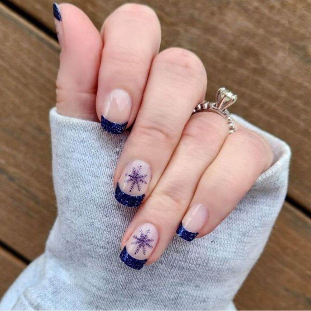 Color Street | In a Flurry, French manicure blue glitter tips. Frosty snowflake